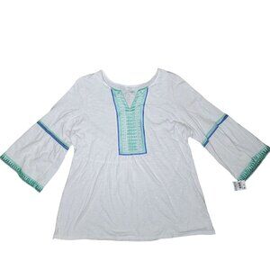 Charter Club NWT Women's 1X White & Mint Embroidered Top with lace vacation